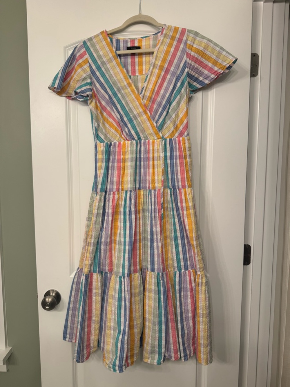 J. Crew Striped Wrap Midi Dress in Yellow, Blue, Pink